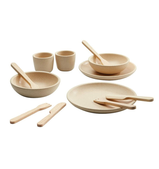 Platos y cubiertos de madera natural, juguete de madera