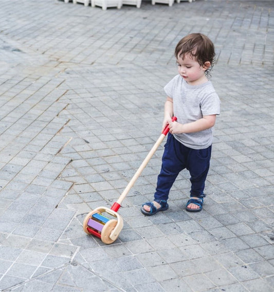 Wooden walker, colorful roller