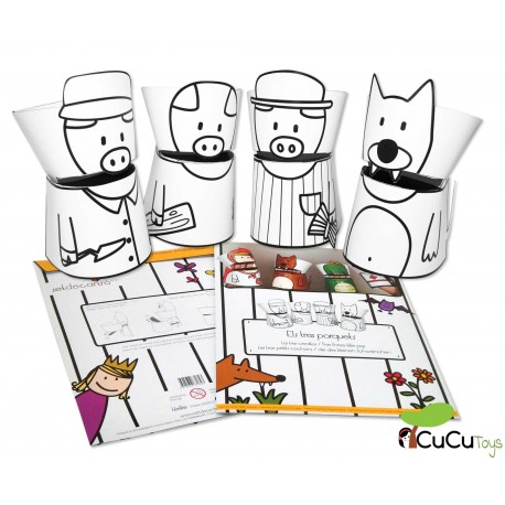Set de cartró - Marionetas de cartón reciclado, diseño Los 3 cerditos