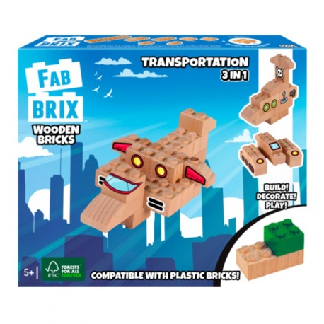 Fab Brix - Transportes 3 en 1, juguete de construcción de madera