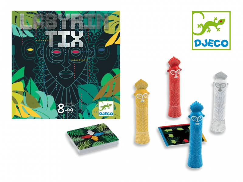Aprende cómo jugar a Labyrintix paso a paso, un juego de mesa de Djeco con tótems de colores y cartas 