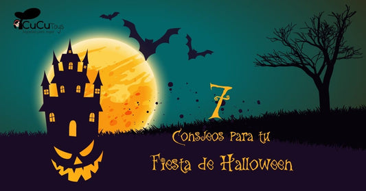 Ilustración de casa embrujada con luna llena y murciélagos para ideas para fiesta infantil de Halloween