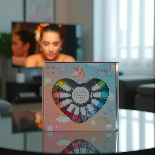 Set de pintauñas infantiles seguros con varios colores en caja decorada con unicornio y arcoíris