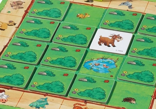 Tablero del juego Mi Primer Tesoro de Juegos mostrando cartas con ilustraciones de animales y paisajes