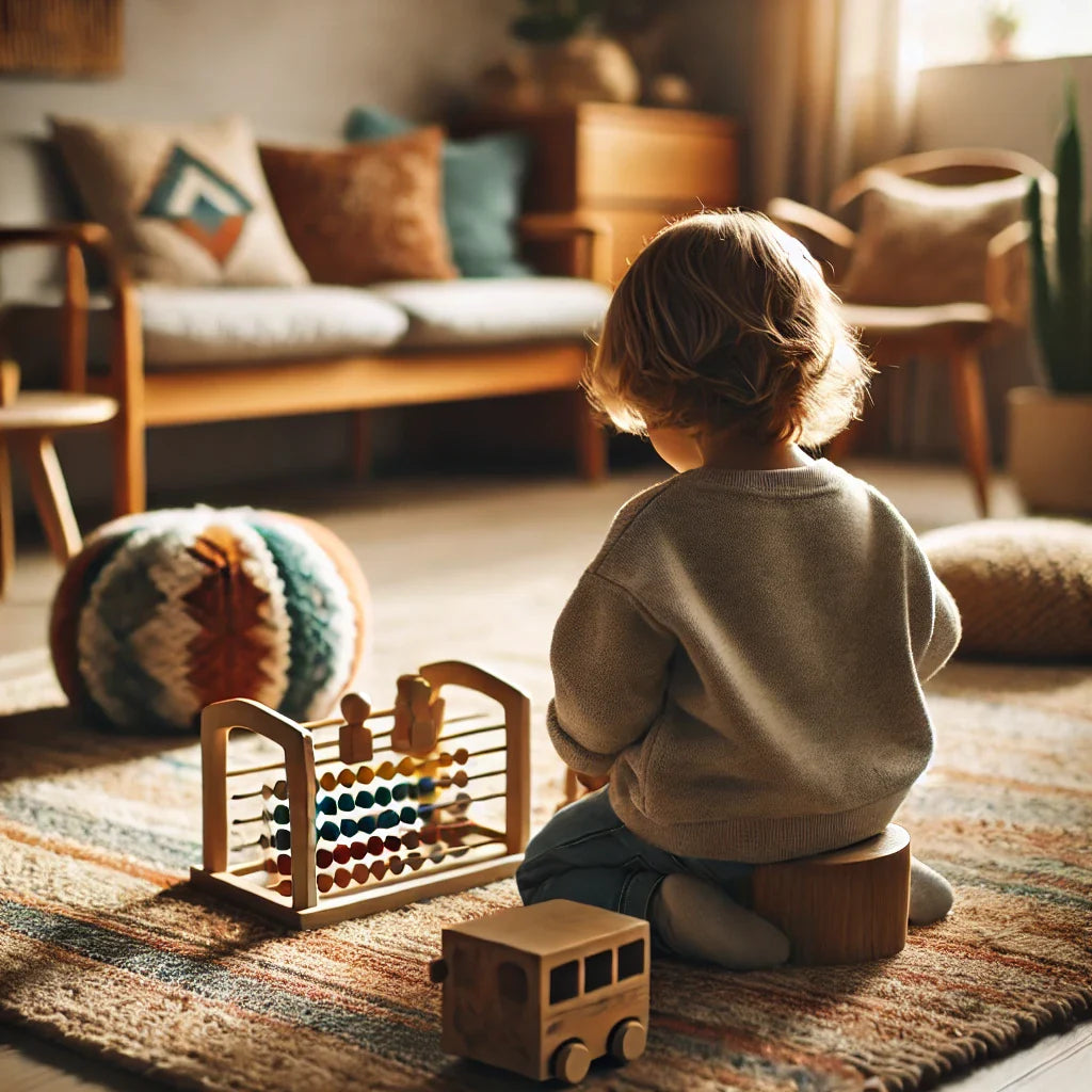 Niño jugando con juguetes educativos de madera en casa aprendiendo a elegir juguetes educativos