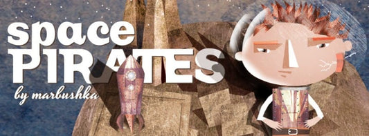 Ilustración de piratas del espacio, un juego de mesa de Marbushka con personajes y paisaje artístico de fondo