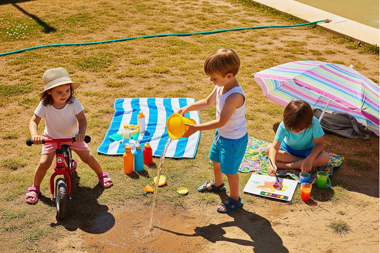 Niños jugando con juguetes de verano al aire libre bajo el sol y la sombra de una sombrilla