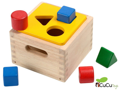 Caja de madera con formas encajables, juguete educativo