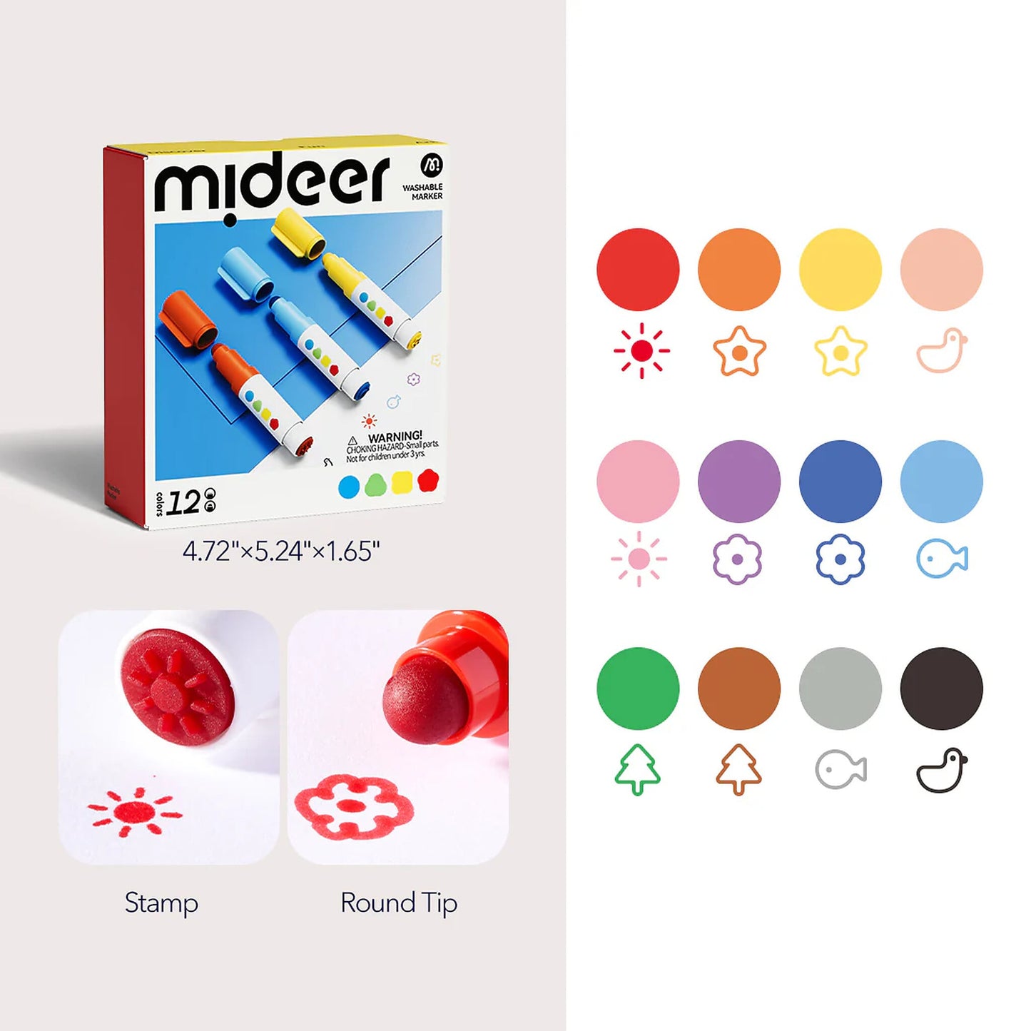 Washable stamp markers with round tip (12 colors)