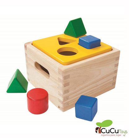 Caja de madera con formas encajables, juguete educativo