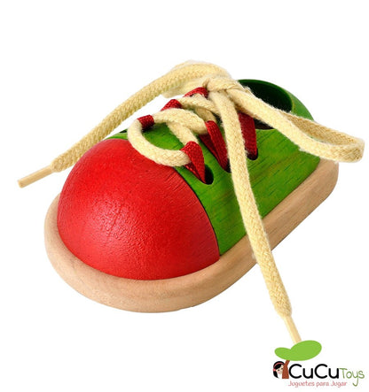 Amarre seu sapato, brinquedo de madeira