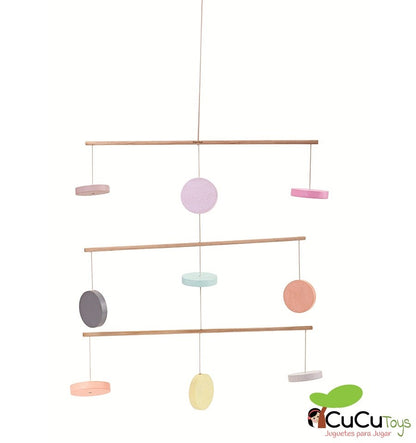 Colorful wooden mobile in pastel tones