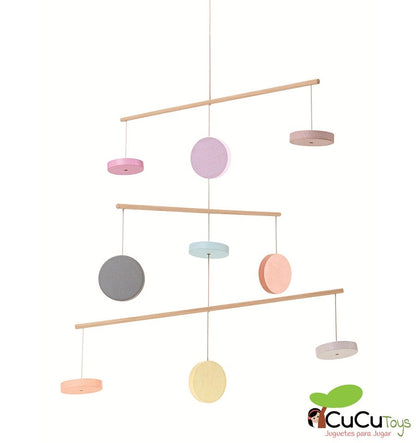 Colorful wooden mobile in pastel tones