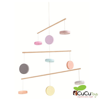 Colorful wooden mobile in pastel tones
