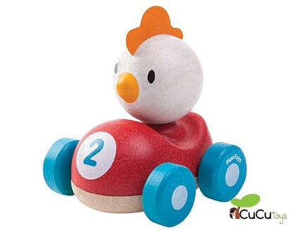Coche de carreras Pollito Piloto, juguete de madera