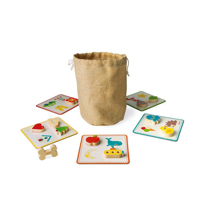 Memo sonoro de madera Janod con fichas educativas y bolsa de almacenamiento de tela