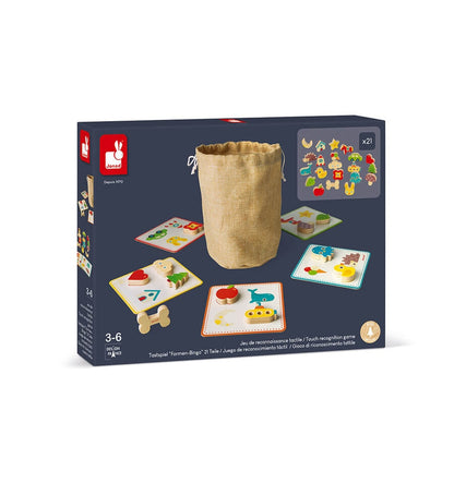Juego memo sonoro de madera de Janod con piezas táctiles y bolsa de tela para niños de 3 a 6 años