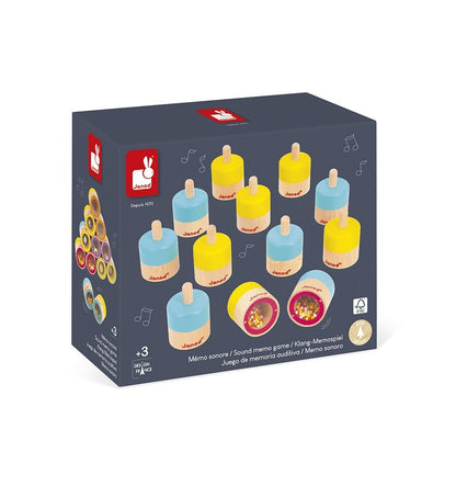 Juego memo sonoro de madera Janod con piezas redondas en colores azul y amarillo para niños