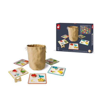 Juego memo sonoro de madera Janod con piezas coloridas y bolsa de tela para niños