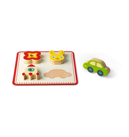 Juego memo sonoro de madera Janod con piezas de colores para encajar formas de coche, flor, cohete y conejo
