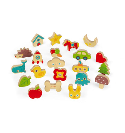 Set de memo sonoro de madera Janod con piezas coloridas de animales y objetos para niños
