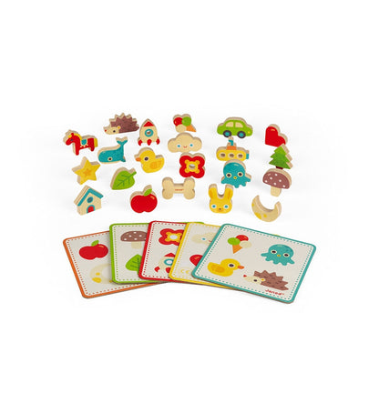Juego memo sonoro de madera con piezas coloridas y tarjetas educativas de Janod