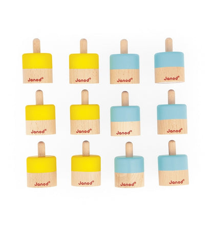 Memo sonoro de madera Janod en colores amarillo y azul con diseño para juego educativo