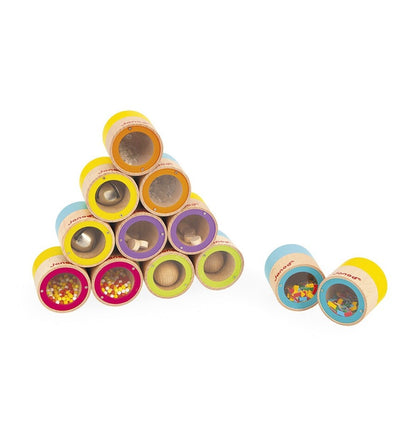 Memo sonoro de madera Janod con cilindros de colores y diferentes sonidos para niños
