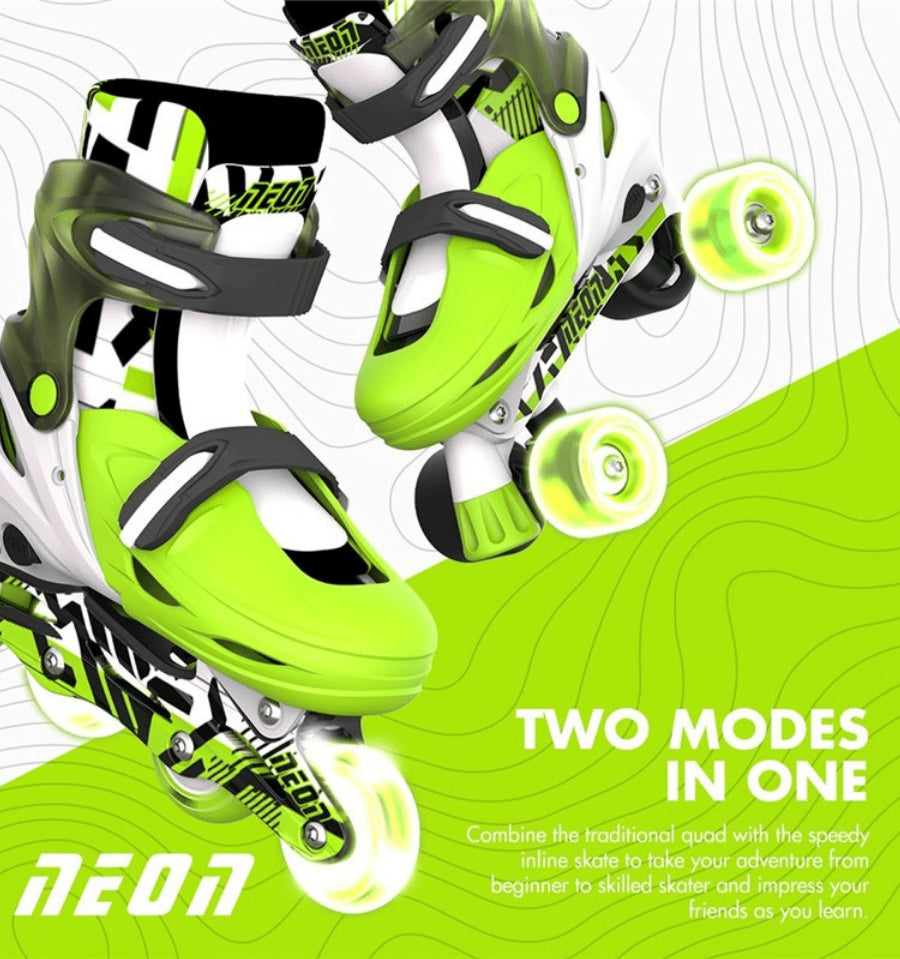 Patines infantiles ajustables Yvolution modelo Neón en color verde y blanco con sistema de dos modos y ruedas iluminadas