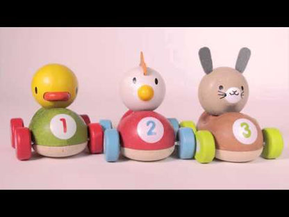 Coche de carreras Pollito Piloto, juguete de madera