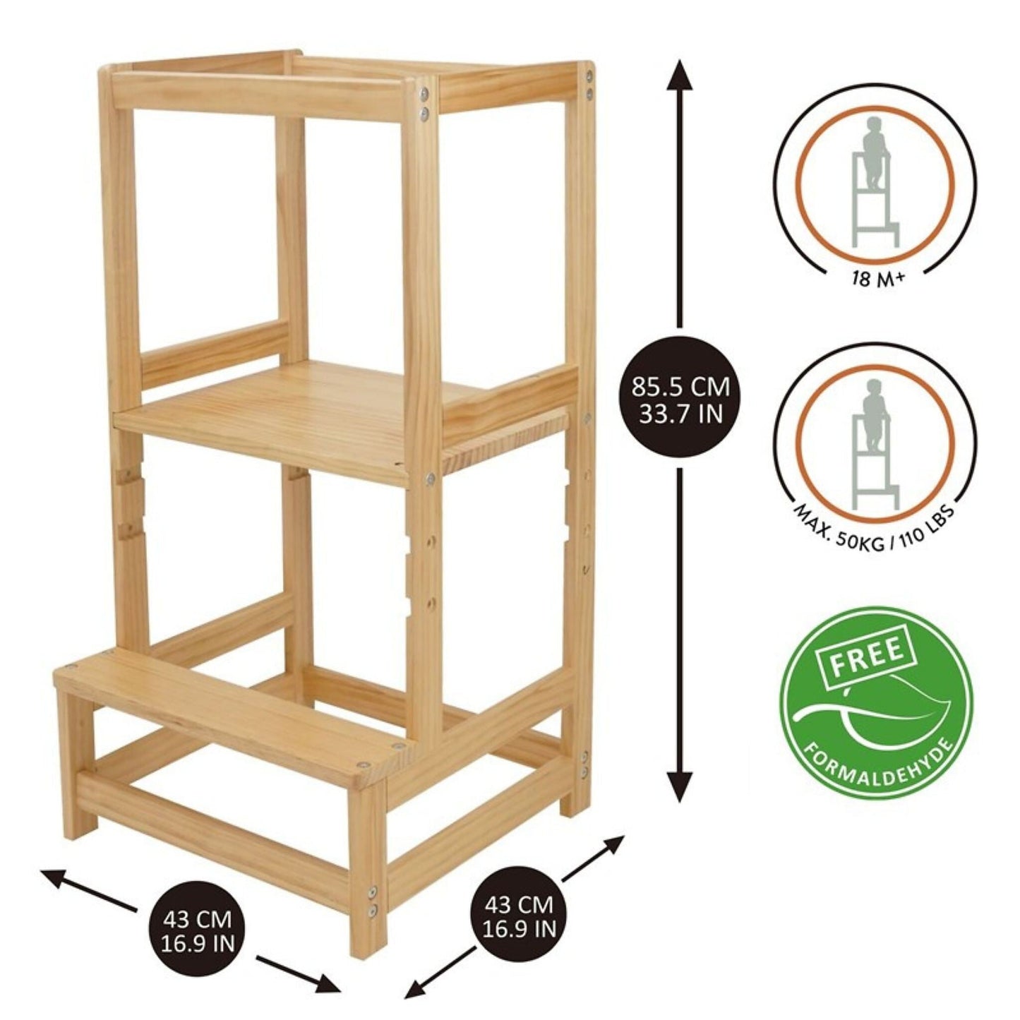 Torre de aprendizaje Montessori de madera natural sin formaldehído altura ajustable para niños desde 18 meses